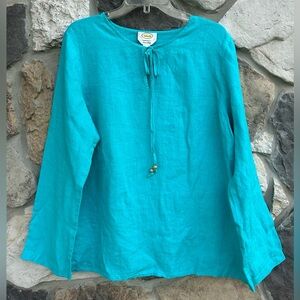 Talbots Irish Linen Tunic Top Blouse Sz XL Turquoise Blue Beachy Coastal Casual